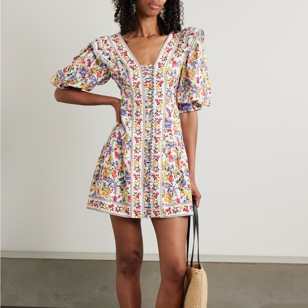 NWOT FARM RIO Greek Garden Ruffled Floral-Print Linen Blend Mini Dress